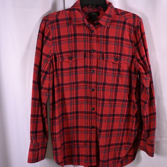 J. Crew Tops - J Crew Womens 6 Red Plaid Long Sleeve Flannel Button Down Shirt